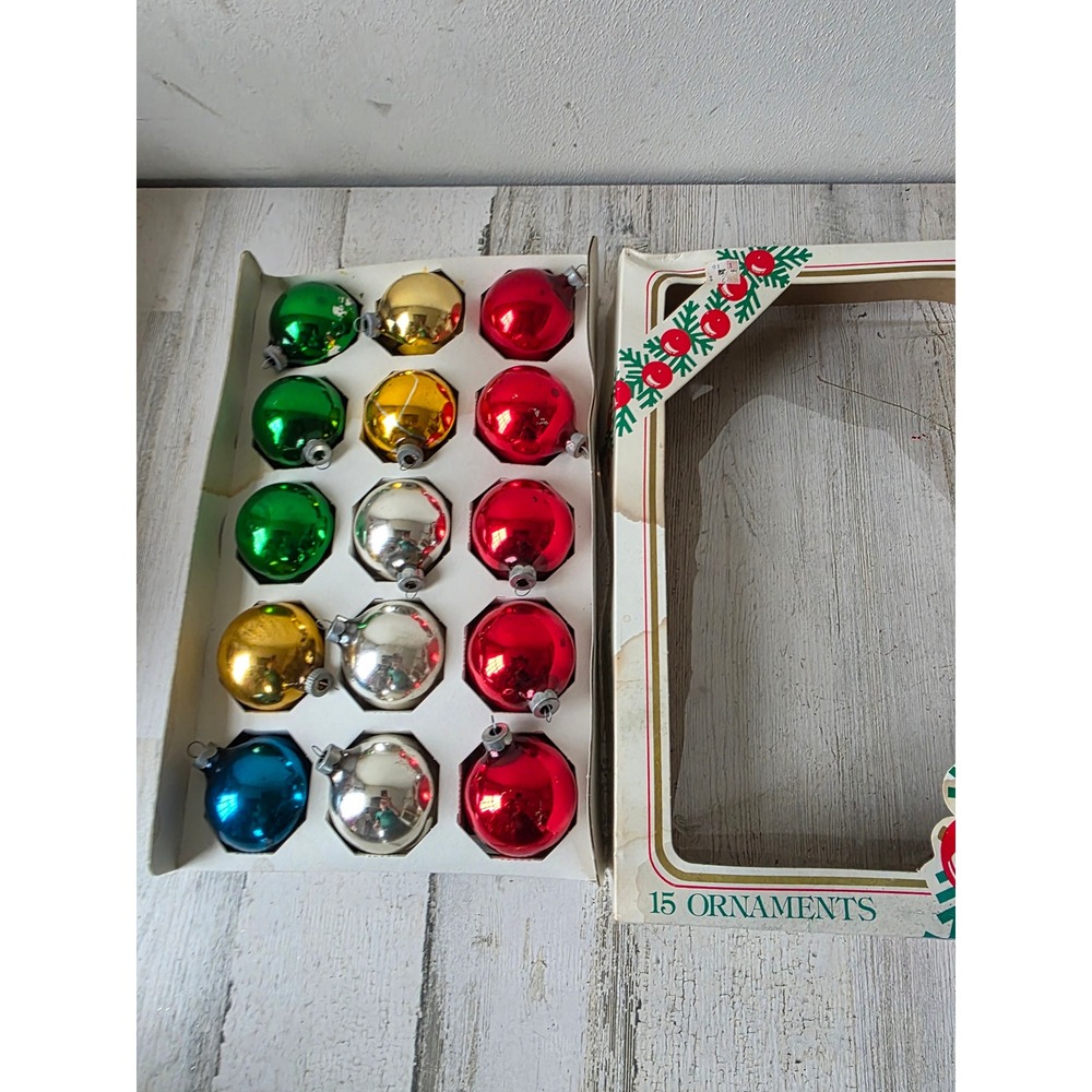 Vintage Rauch solid red green gold ornament glass set box Xmas tree ornaments